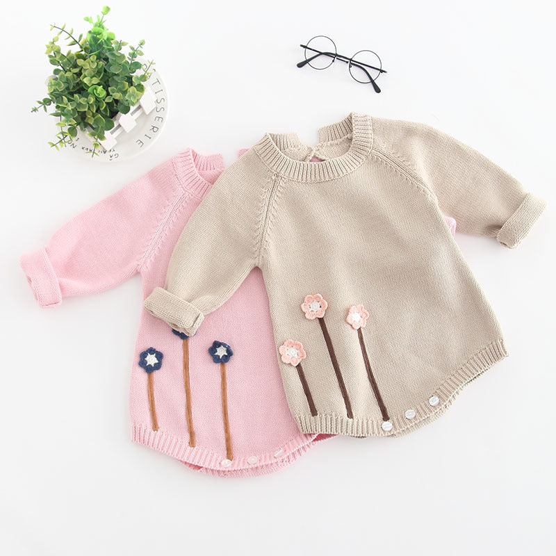 Knitted Long Sleeve Romper Pink With Floral Detail