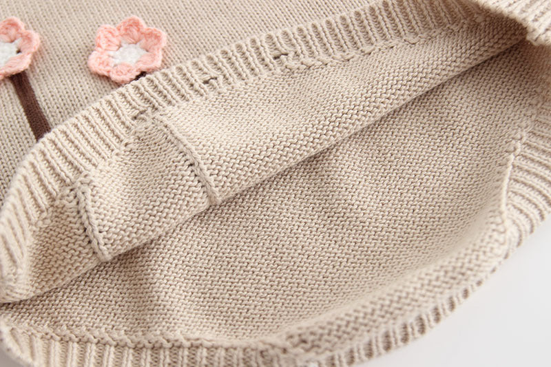 Knitted Long Sleeve Romper Beige With Floral Detail