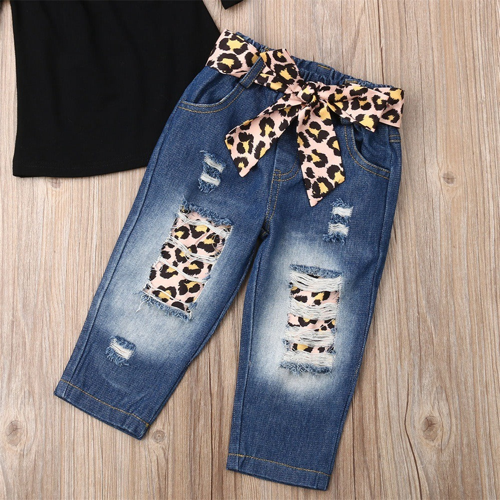 Flare Black Top and Denim Pants Set