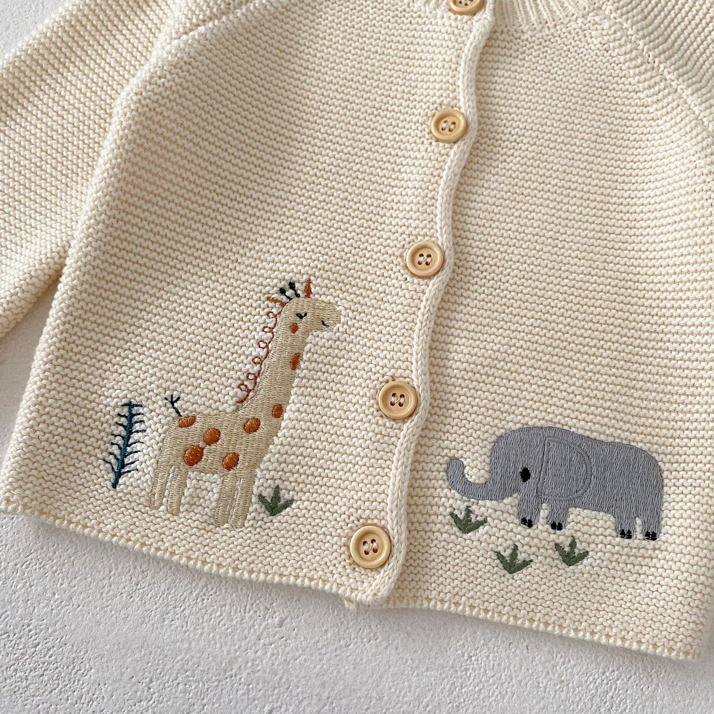 Baby Knitted Cardigan with Giraffe & Elephant Design