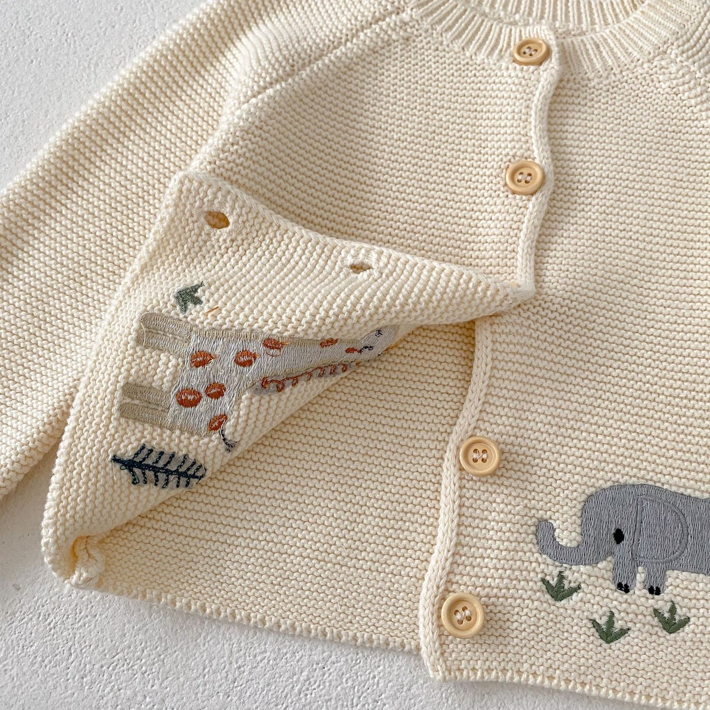 Baby Knitted Cardigan with Giraffe & Elephant Design
