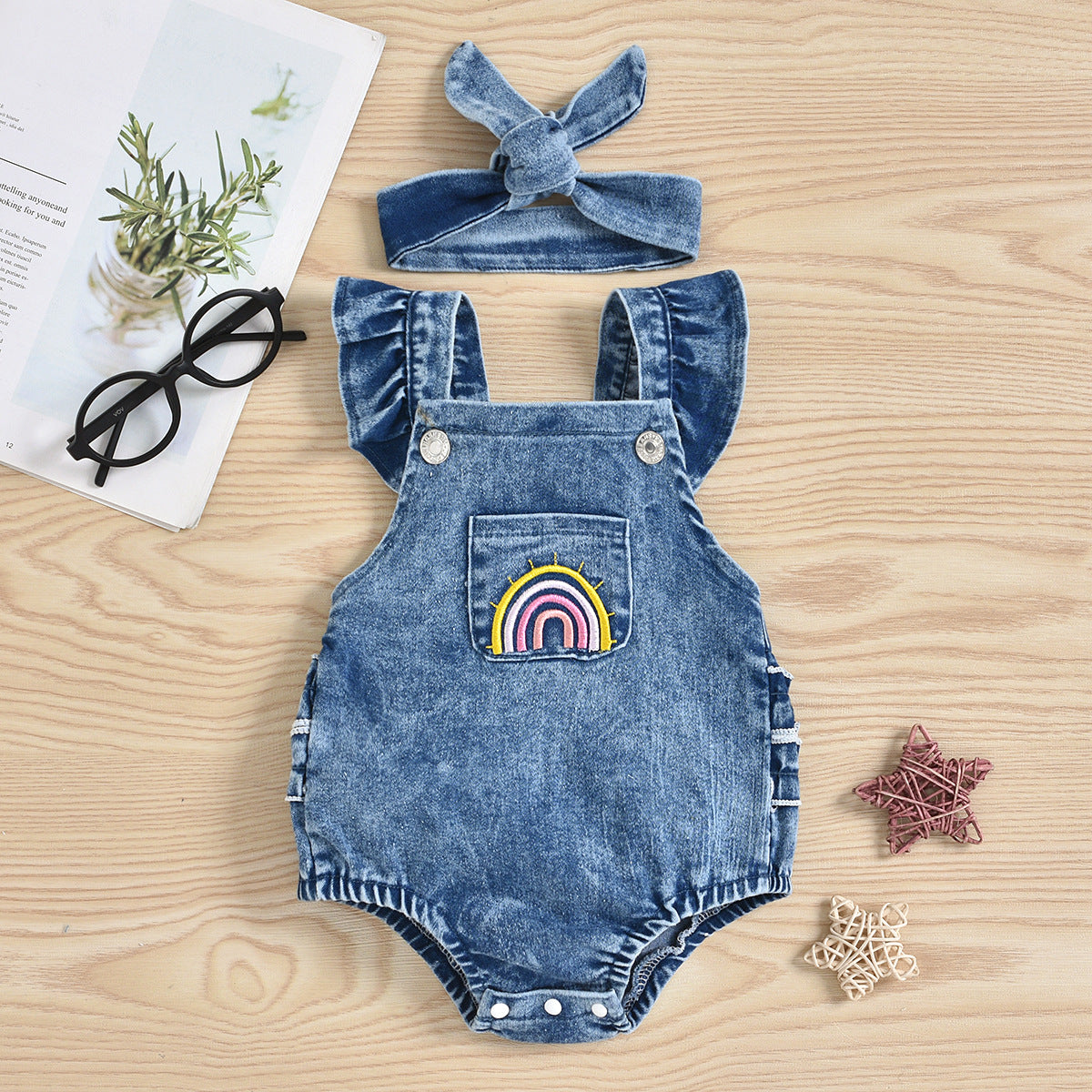 Baby Romper Blue Denim With Rainbow Design