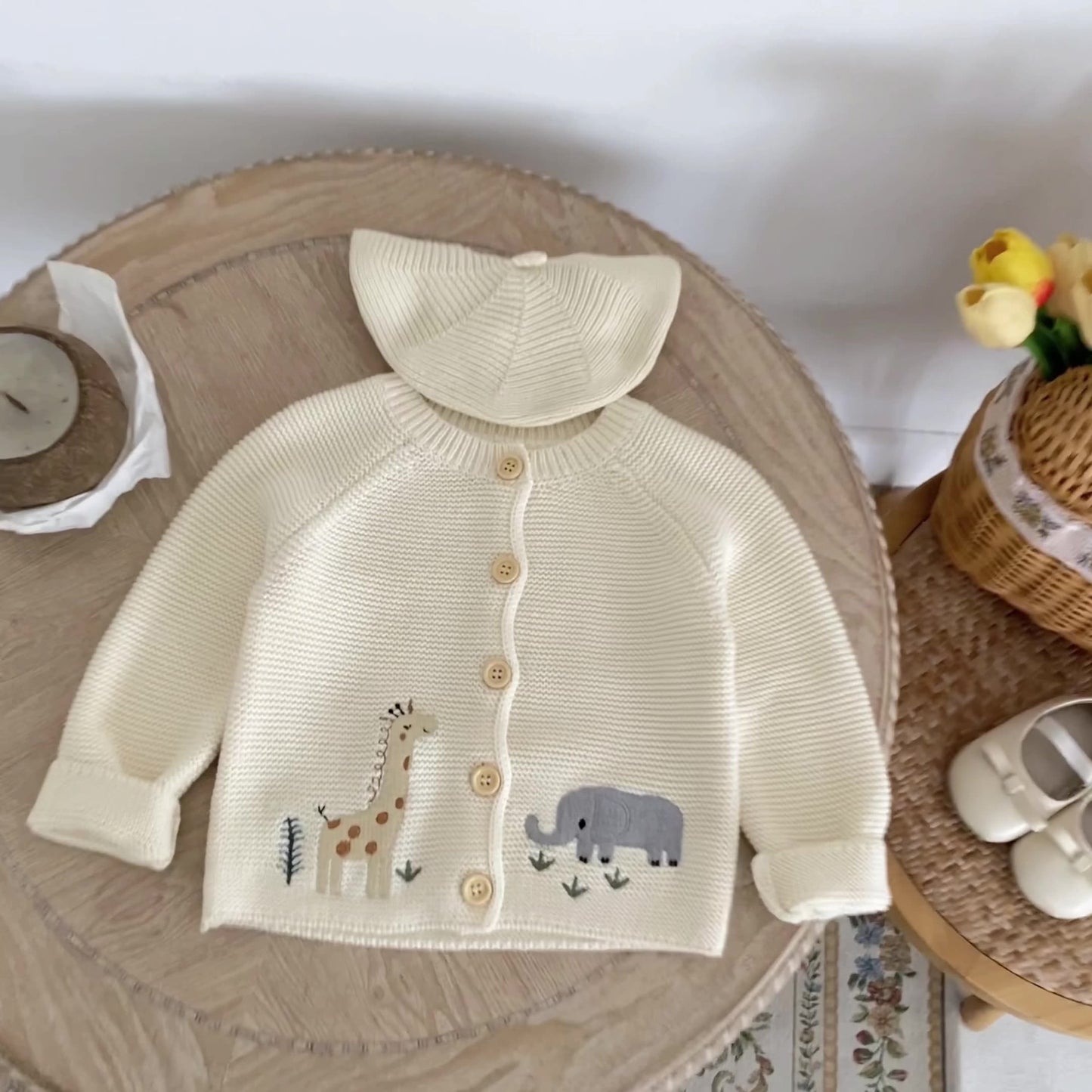 Baby Knitted Cardigan with Giraffe & Elephant Design