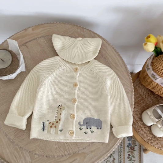 Baby Knitted Cardigan with Giraffe & Elephant Design
