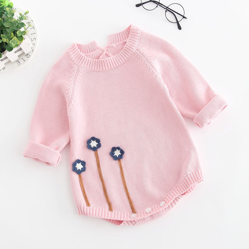 Knitted Long Sleeve Romper Pink With Floral Detail