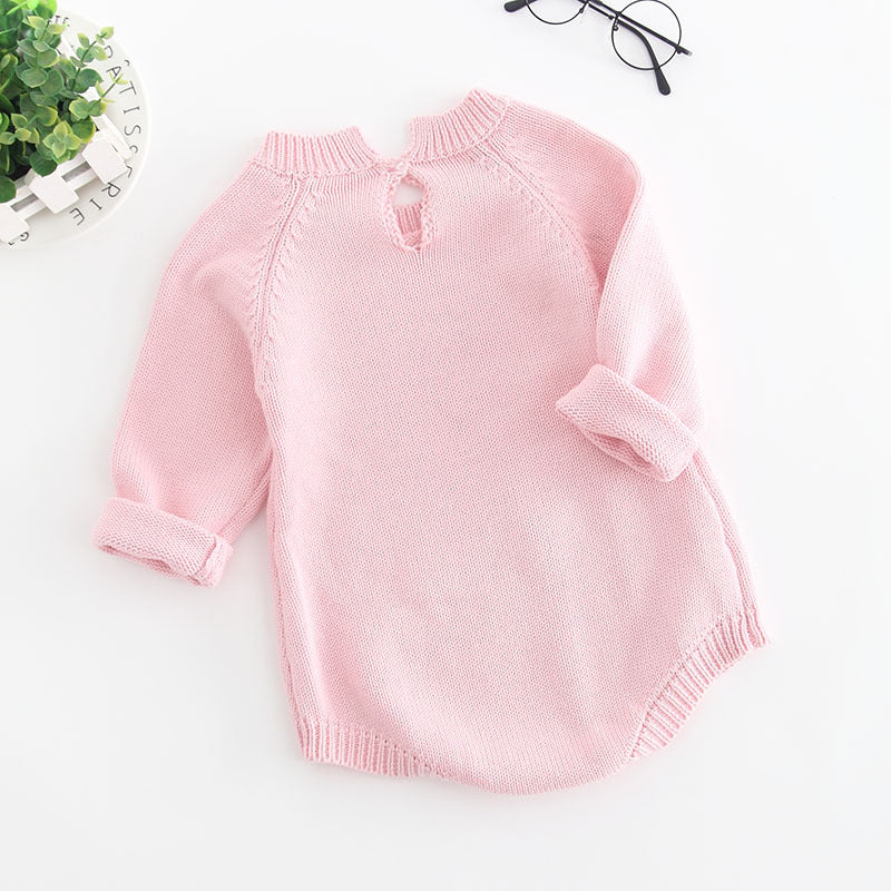 Knitted Long Sleeve Romper Pink With Floral Detail