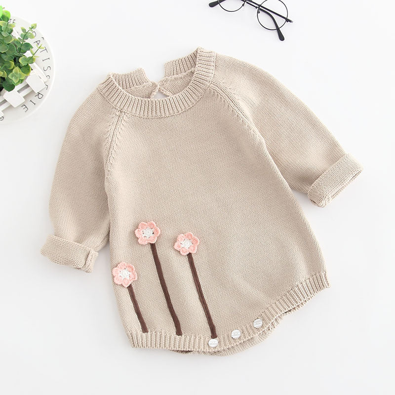 Knitted Long Sleeve Romper Beige With Floral Detail