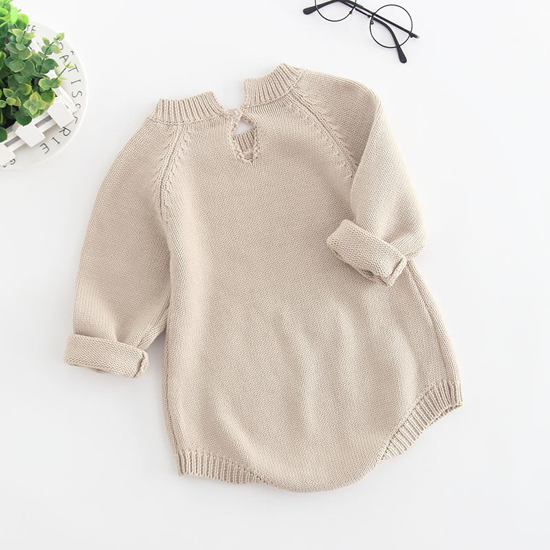 Knitted Long Sleeve Romper Beige With Floral Detail