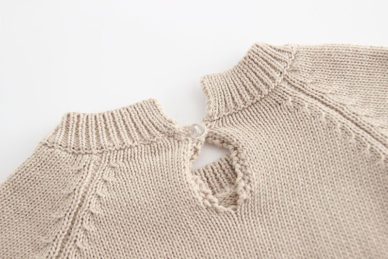 Knitted Long Sleeve Romper Beige With Floral Detail