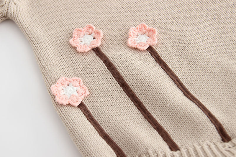 Knitted Long Sleeve Romper Beige With Floral Detail