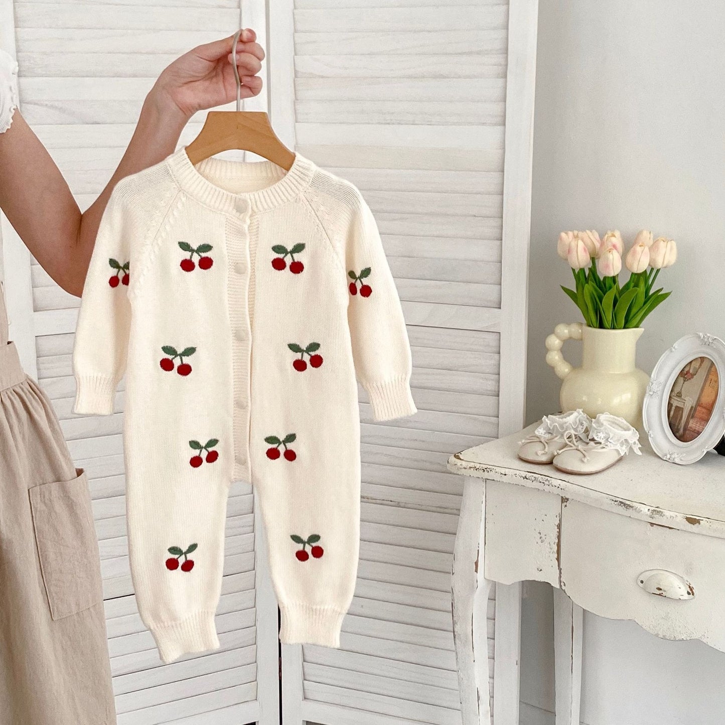 Long Sleeve Knitted Onesie With Cherry Design
