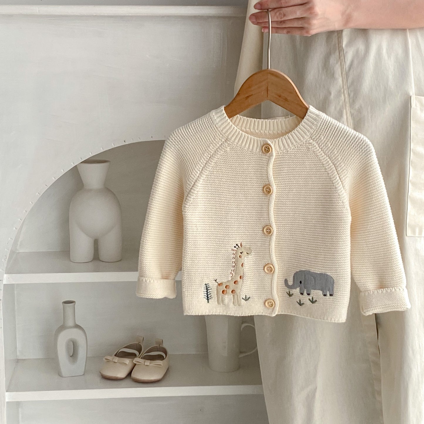 Baby Knitted Cardigan with Giraffe & Elephant Design