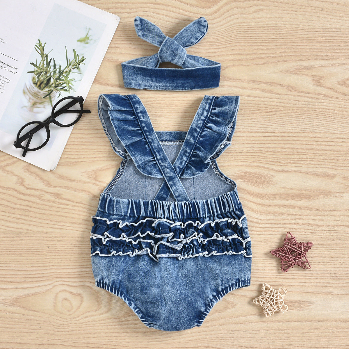 Baby Romper Blue Denim With Rainbow Design