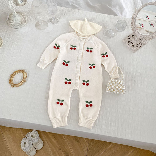Long Sleeve Knitted Onesie With Cherry Design