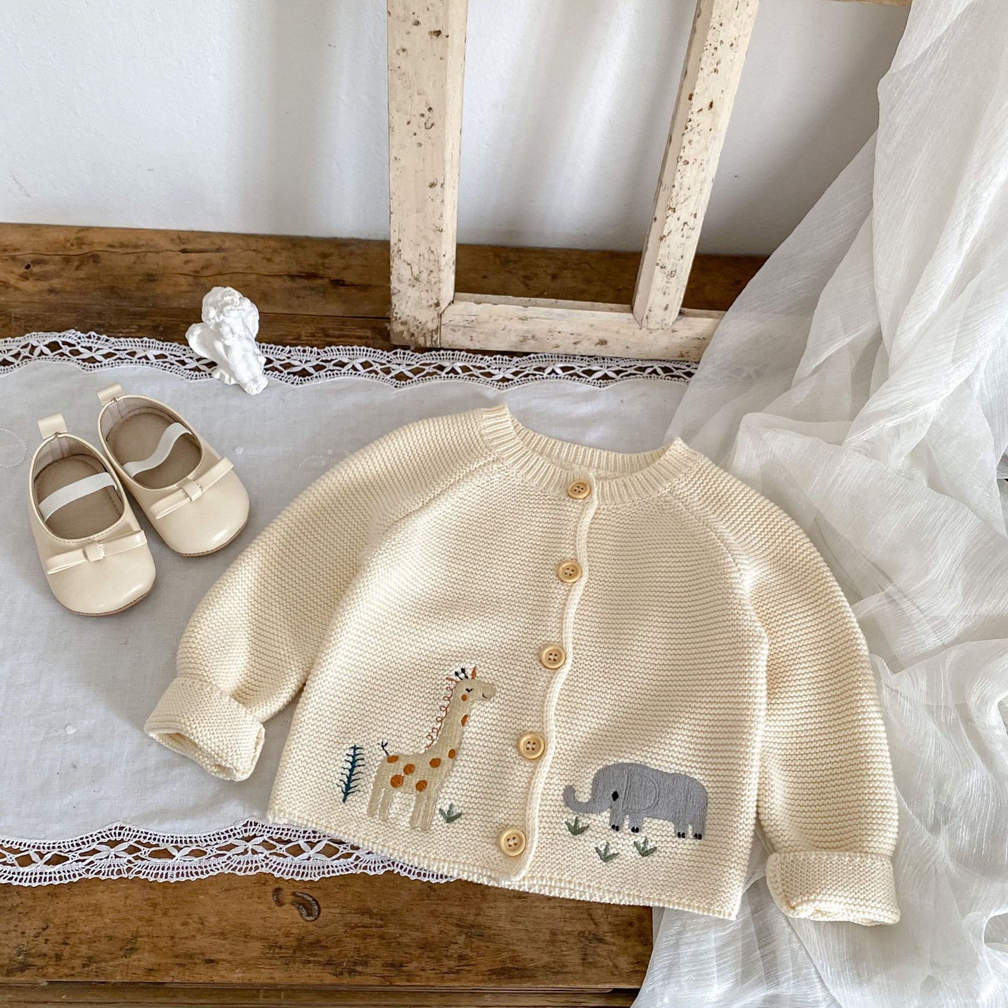 Baby Knitted Cardigan with Giraffe & Elephant Design