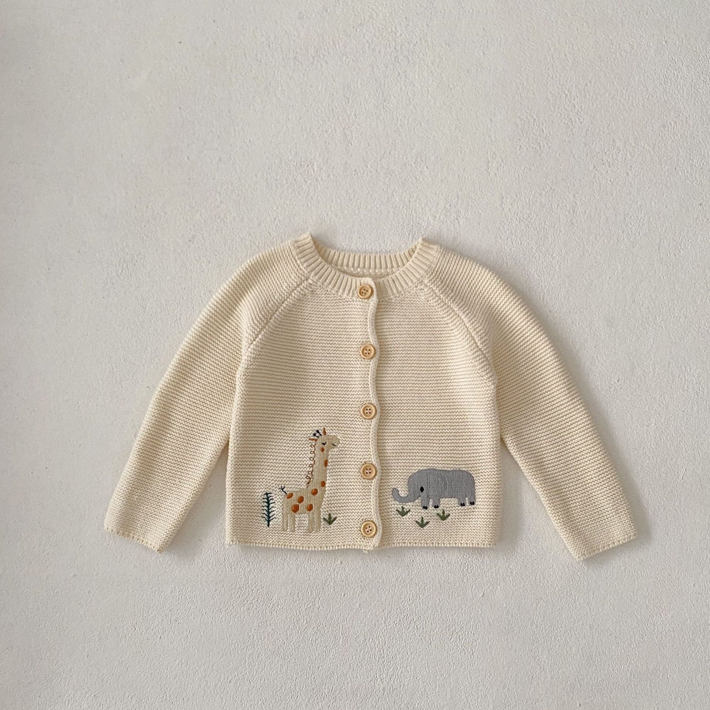Baby Knitted Cardigan with Giraffe & Elephant Design