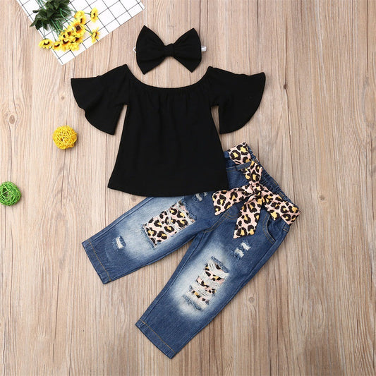 Flare Black Top and Denim Pants Set
